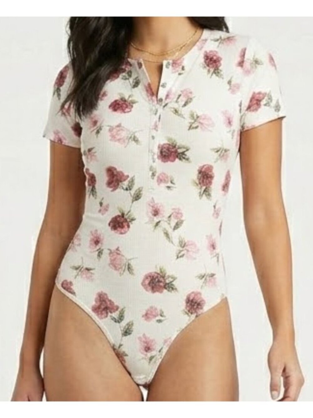 Rue 21 Women’s White Floral Button Front Bodysuit Size S Fitted Stretch NWT